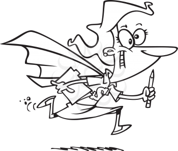 Royalty Free Clipart Image of a Woman in a Cape Running With a Pencil