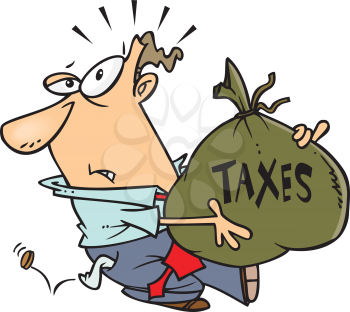 Royalty Free Clipart Image of a Man With a Big Bag of Money for Taxes and a  Coin Falling Out of His Pocket #409692 