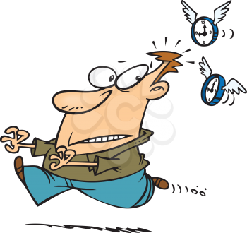 Royalty Free Clipart Image of a Man Being Chased by Flying Clocks