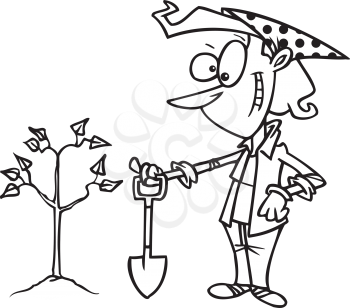 Royalty Free Clipart Image of a Woman Planting a Tree