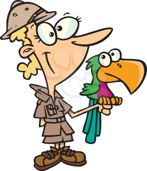 Royalty Free Clipart Image of a Zookeeper With a Parrot