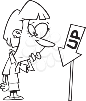Royalty Free Clipart Image of a Woman Looking at an Up Arrow Pointing Down