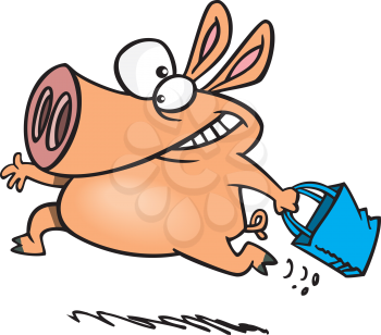 Royalty Free Clipart Image of a Pig Running With a Bag
