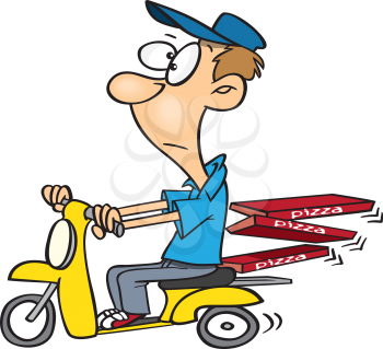 Royalty Free Clipart Image of a Guy Delivering Pizza on a Scooter