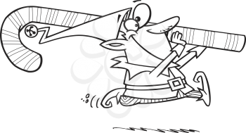 Royalty Free Clipart Image of an Elf Running With a Candy Cane