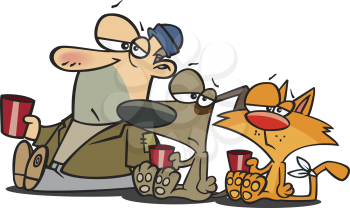 Royalty Free Clipart Image of a Man and His Pets Begging