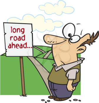 Royalty Free Clipart Image of a Man Looking at a Long Road Ahead Sign