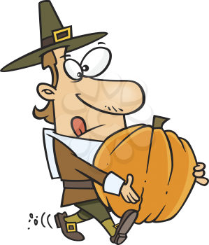 Royalty Free Clipart Image of a Pilgrim With a Pumpkin