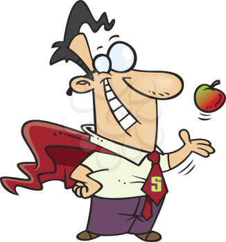 Royalty Free Clipart Image of a Man in a Cape Flipping an Apple