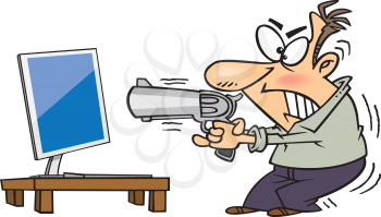 Royalty Free Clipart Image of a Man Holding a Gun to a Computer Monitor