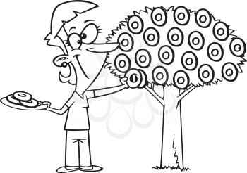 Royalty Free Clipart Image of a Woman Picking Doughnuts of a Tree