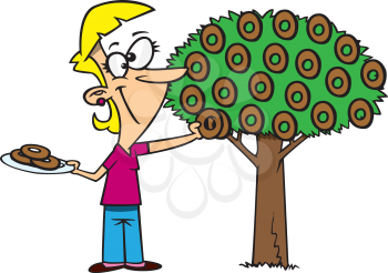 Royalty Free Clipart Image of a Woman Picking Doughnuts Off a Tree