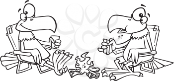 Royalty Free Clipart Image of Two Eagles Having a Campfire