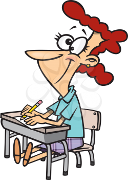 Royalty Free Clipart Image of a Woman in a Little School Desk