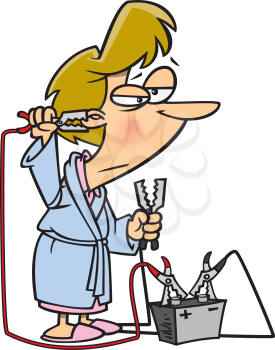 Royalty Free Clipart Image of a Woman Hooking Battery Cables Up to Herself
