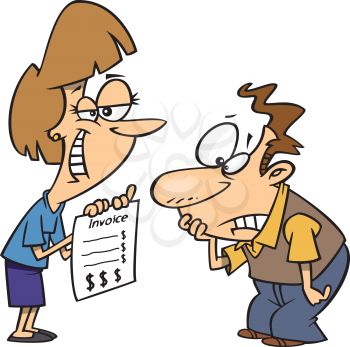 Royalty Free Clipart Image of a Woman Giving a Man His Bill