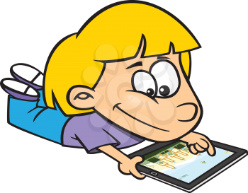 Royalty Free Clipart Image of a Girl Playing on a Tablet