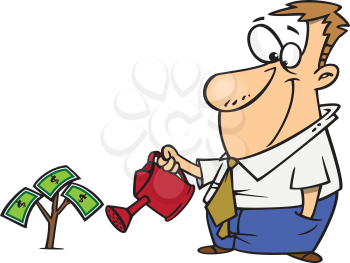 Royalty Free Clipart Image of a Man Watering a Money Tree