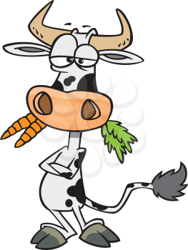 Royalty Free Clipart Image of a Cow Eating Carrots