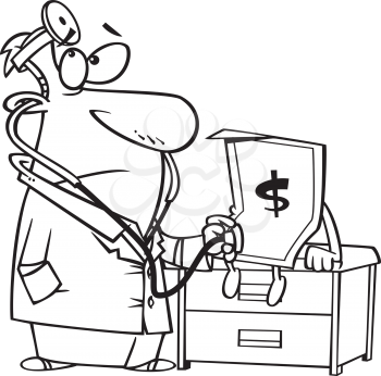 Royalty Free Clipart Image of a Doctor Diagnosing a Dollar Bill
