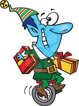 Royalty Free Clipart Image of an Elf on a Unicycle
