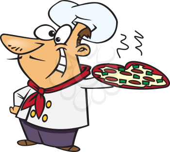 Royalty Free Clipart Image of a Chef Holding a Heart-Shaped Pizza