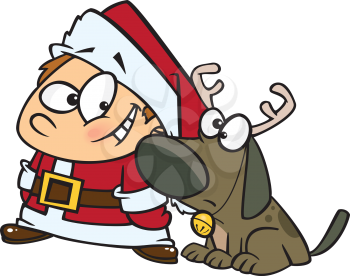 Royalty Free Clipart Image of a Kid Dressed as Santa With a Dog