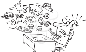 Royalty Free Clipart Image of a Man at a Desk With Food Flying at Him