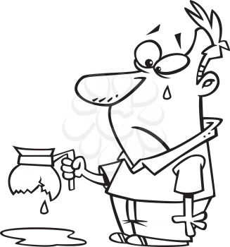 Royalty Free Clipart Image of a Sad Man With a Broken Coffee Pot