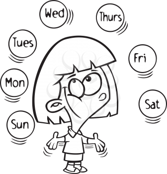 Royalty Free Clipart Image of a Female Juggling About the Days of the Week