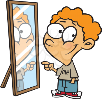 Royalty Free Clipart Image of a Boy Looking in the Mirror Pointing 