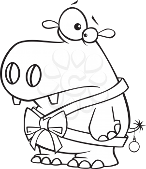 Royalty Free Clipart Image of a Hippo With a Bow and a Bell