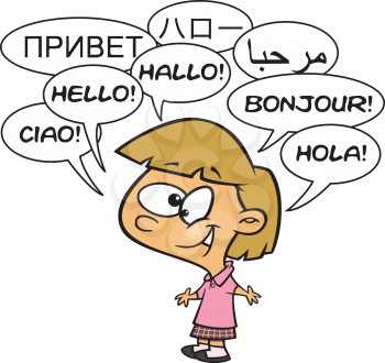 Royalty Free Clipart Image of a Little Girl Saying Hello in Several Languages
