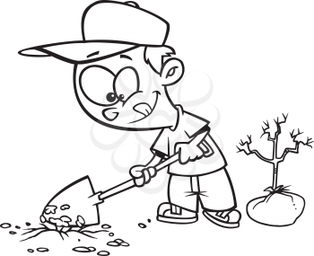 Royalty Free Clipart Image of a Boy Planting a Tree