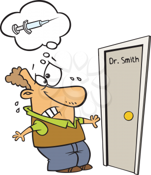 Royalty Free Clipart Image of a Man Frightened Standing Outside a Doctor's Office