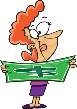 Royalty Free Clipart Image of a Woman Stretching a Dollar
