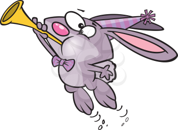 Royalty Free Clipart Image of a Bunny in a Party Hat Blowing a Horn