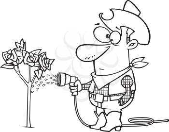 Royalty Free Clipart Image of a Cowboy Watering a Rose