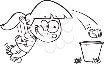 Royalty Free Clipart Image of a Girl Throwing Trash in a Can