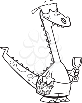 Royalty Free Clipart Image of a Dinosaur in Trunks Holding a Plastic Shovel
