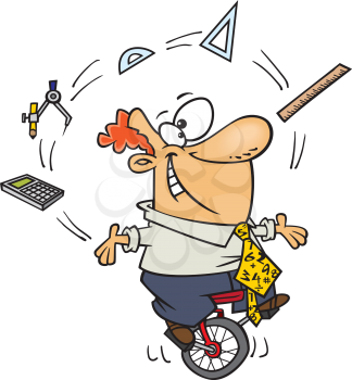 Royalty Free Clipart Image of a Man on a Unicycle Juggling Math Tools