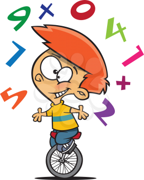 Royalty Free Clipart Image of a Boy on a Unicycle Juggling Numbers
