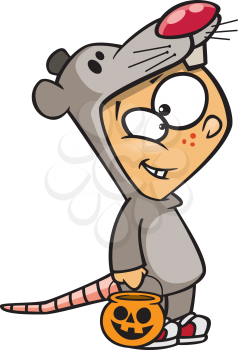 Royalty Free Clipart Image of a Boy Dressed as a Rat Holding Halloween Treats
