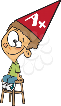Royalty Free Clipart Image of a Boy Wearing a Dunce Cap With an A+ on It