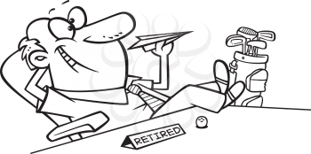 Royalty Free Clipart Image of a Retired Man Lounging at His Desk