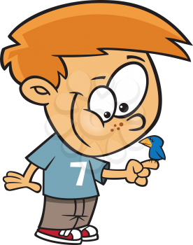 Royalty Free Clipart Image of a Boy with a Bird Perched on his Finger