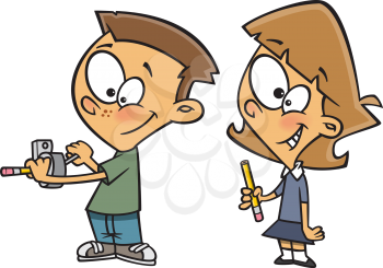 Royalty Free Clipart Image of Two Children at a Pencil Sharpener