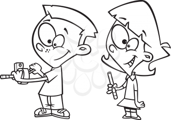 Royalty Free Clipart Image of a Two Students at a Pencil Sharpeners