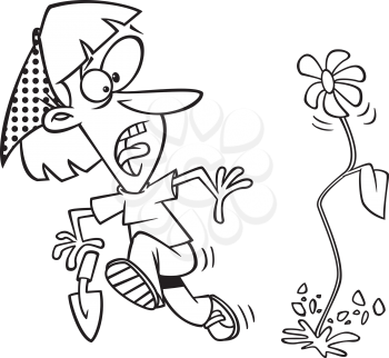 Royalty Free Clipart Image of a Woman Looking Frightened at a Flower