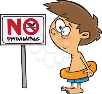 Royalty Free Clipart Image of a Boy Looking at a No Swimming Sign